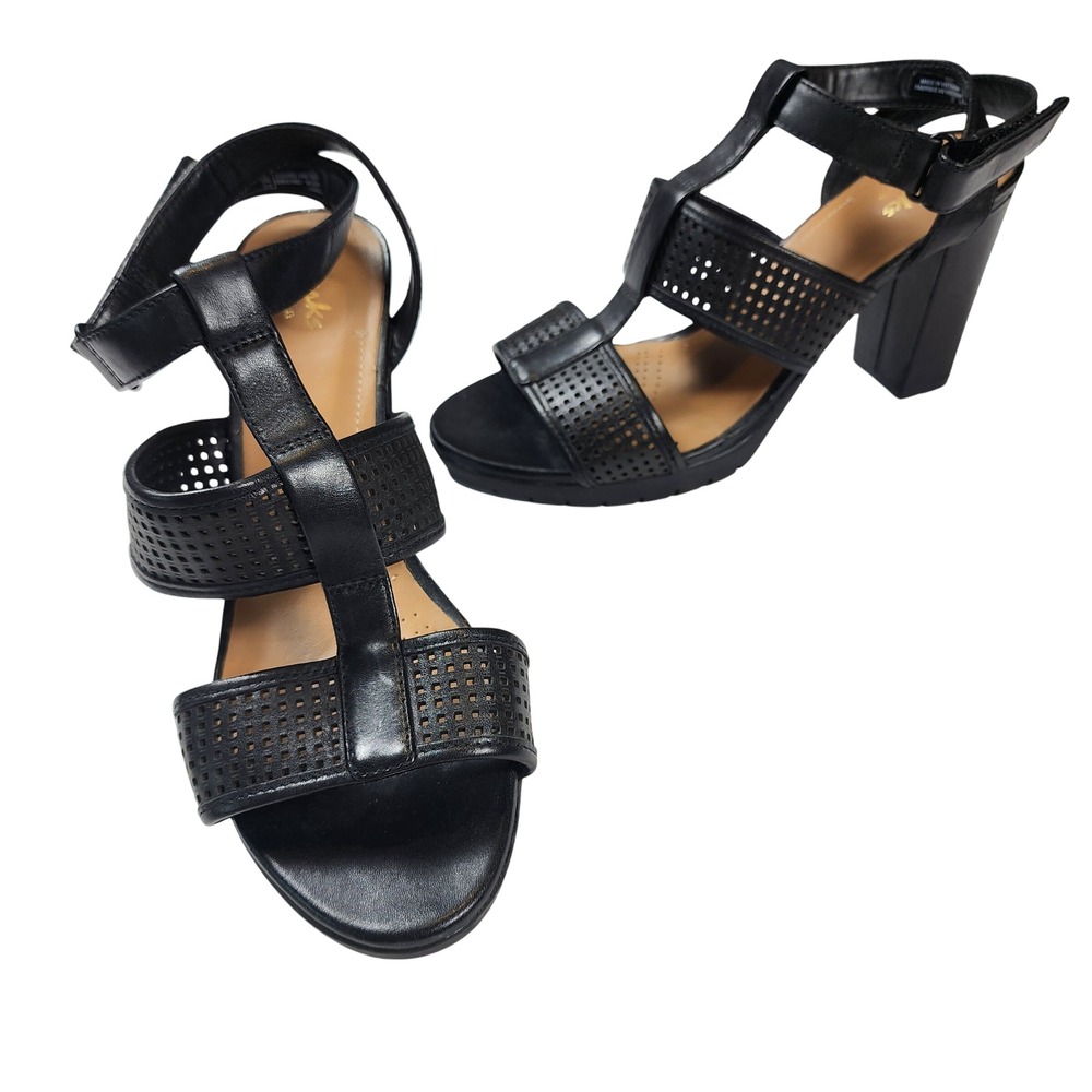 Clarks Artisan Black Leather Perforated T-Strap Block Heel Sandals Womens 7.5 W
